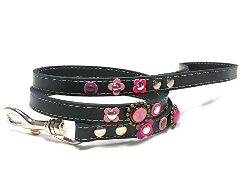 Superpipapo Correa para Perros de Cuero a Juego, Diseño Cuero Negro con Rosa Fucsia y Piedras Strass