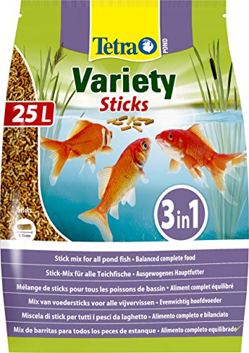 Tetra Pond Varillas variadas para alimento de peces, mezcla de tres diferentes palos de alimentos para todos los peces de estanque, 25 litros