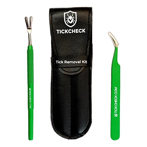 TickCheck Kit removedor de garrapatas (removedor de garrapatas de Acero Inoxidable con Pinzas, Estuche de Cuero y Tarjeta de identificación de garrapatas de Bolsillo) Envase de 1