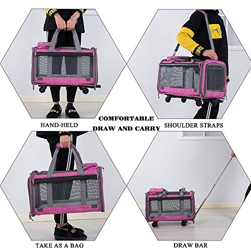 Tineer Multifuncional Bolso Pet Dog Carrier Stroller con Ruedas extraíbles, Pet Travel Carrier Mochila para Perros/Gatos de hasta 22 LB Uso en Exteriores (Rosado)