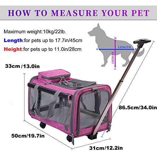 Tineer Multifuncional Bolso Pet Dog Carrier Stroller con Ruedas extraíbles, Pet Travel Carrier Mochila para Perros/Gatos de hasta 22 LB Uso en Exteriores (Rosado)