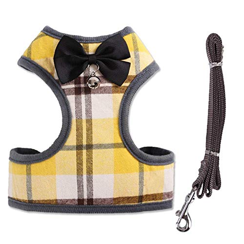 Tineer Pet Dog Plaid Bow Tie arnés Chaleco con Correa de Nylon para Cachorro de Gato Caminando o entrenando (M, Amarillo)