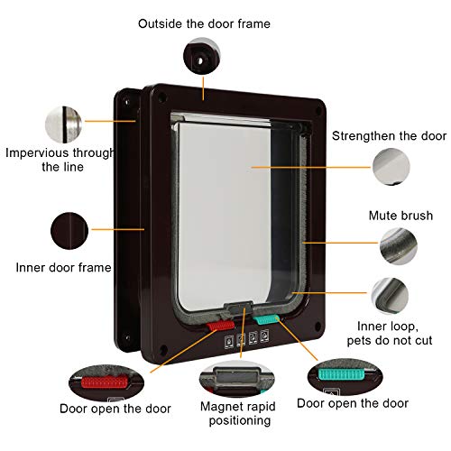 TKOOFN® 4-Modo Puerta Magnética Bloqueable de Aleta para Gato Gatito Perro Perrito Mascota Seguridad (M, Marrón)