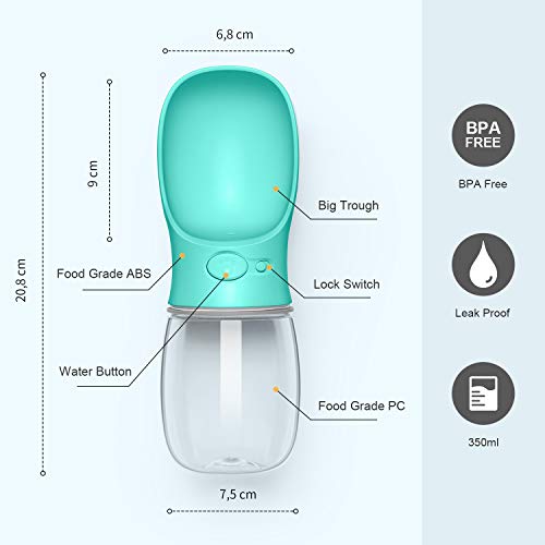 Toozey Perros Botella de Agua, 350 ML portátil Mascotas Botella con hundekot dispensador de Bolsas, Bolsa y mosquetón, Libre de BPA Perros Gatos Botella, Ideal para Viajes, Viaje y Senderismo