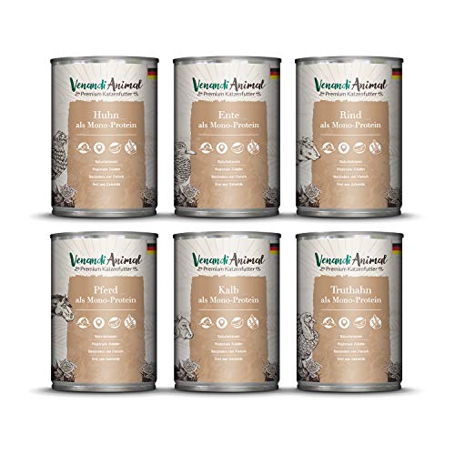 Venandi Animal - Pienso Premium para Gatos - PAQUEE DE Prueba III 1*Pollo, 1*Pato, 1*Ternera 1*Caballo, 1*Ternero, 1*Pavo - Completamente Libre de Cereales 6 x 400 g