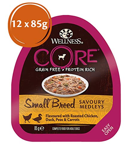 Wellness CORE - Medallas de gallina para Perros de Raza pequeña, sin Grano húmedo, para Pollo, Pato, Peas y Zanahorias, 85 g, 12 Unidades