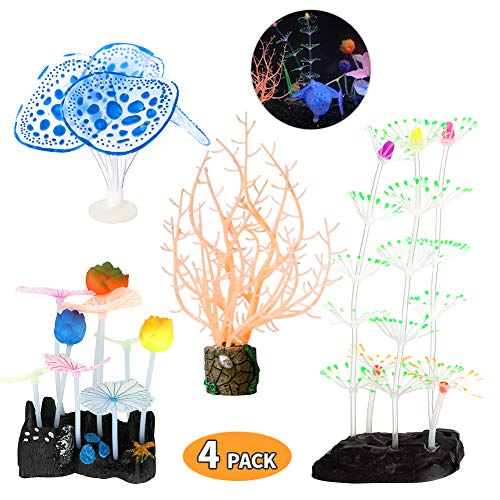 Welltop Adorno de Decoración de Plantas de Coral Artificial de Efecto Brillante para Acuario de Pecera Paquete de 4