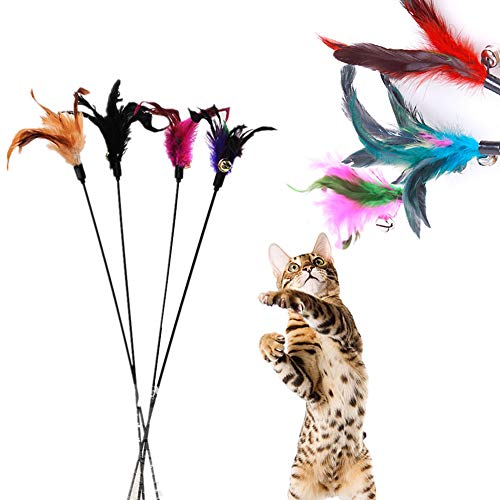 Westeng 4pcs Classic Fibras Sintéticas o Artificiales Funny Pet Cat Play Sticks Varilla gato juguete con Bell (color al azar)