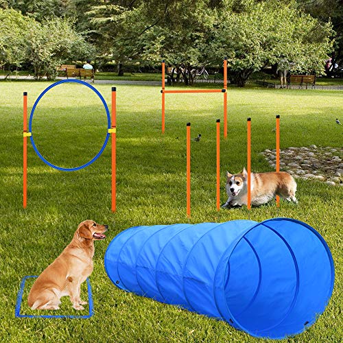 X XBEN Set de Entrenamiento Agilidad Perros - Pet Dogs Outdoor Games Kit de Entrenamiento, 60 * 180cm Túnel para Perros, Eslalom para, Aro para, Vallas, Jump Hoop Dog Agility Starter Equipment