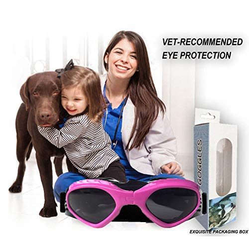 XUNKE Gafas de Sol para Perros, Perro Gafas para Perros pequeños y medianos Impermeable Plegable Protector Ocular Protección UV Antivaho (Rosado)