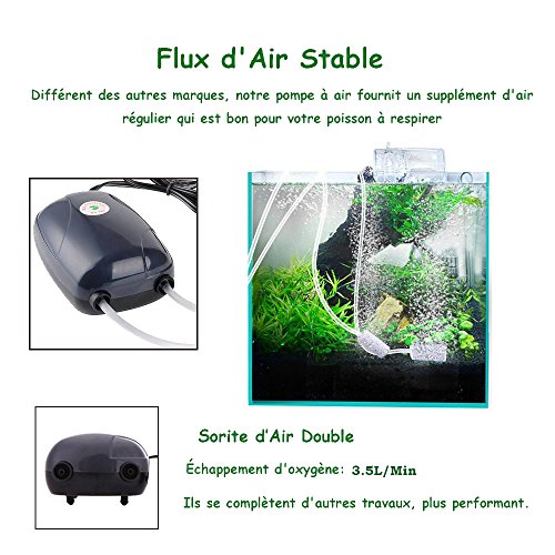 Yakamoz - Bomba de aire portátil de 5 W, bomba de oxígeno hidropónica para acuario, aireador de oxígeno con 2 salidas de aire para acuario pequeño, color negro