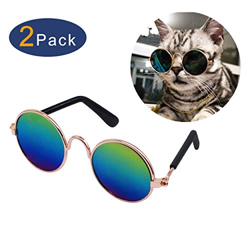 YAODHAOD Pet Dog Cat Gafas de Sol, Classic Retro Round Metal Prince Princess Gafas de Sol Puppy Katie Photo Props Toys (Paquete de 2) (8CM, Multicolor)