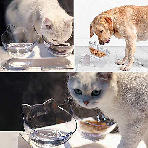 Yolistar Cuencos para Gato Doble Transparente, Determinado Antideslizante Cuello inclinable Tazón Protector del alimento para Perros, GatosMascotas con Cucharada de Comida