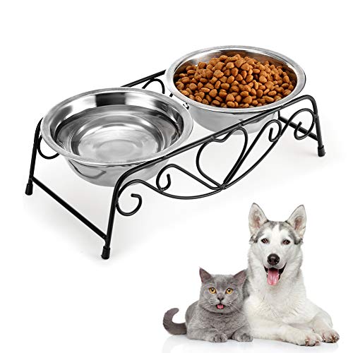 YOUTHINK Comedero para Perro Gato, 2 Acero Inoxidable Tazón Perro Gato, Mascotas Cuencos para Comida y Agua, con Soporte de Hierro