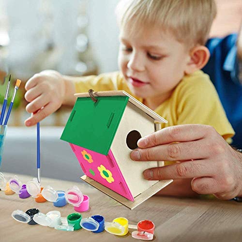 YUET DIY Kit de casa de pájaros, construcción de pintura, manualidades, casas de pájaros para niñas y niños salvajes DIY de madera con pincel y pigmento,2 paquetes (corazón y redondo)