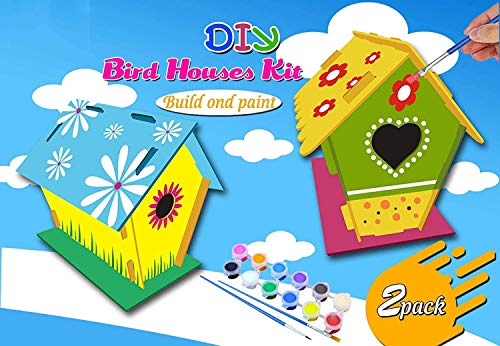 YUET DIY Kit de casa de pájaros, construcción de pintura, manualidades, casas de pájaros para niñas y niños salvajes DIY de madera con pincel y pigmento,2 paquetes (corazón y redondo)