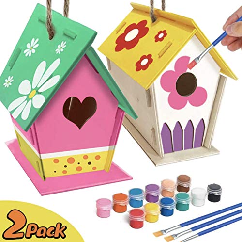 YUET DIY Kit de casa de pájaros, construcción de pintura, manualidades, casas de pájaros para niñas y niños salvajes DIY de madera con pincel y pigmento,2 paquetes (corazón y redondo)