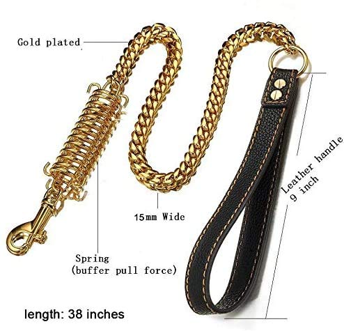 YXYOL La Correa del Perro de Metal con cómodo Cuero de la manija de Acero Inoxidable del Oro Cadena de frío para la Correa Pequeño Mediano Perros Grandes, Pet Supplies, 98X1.5 Cm