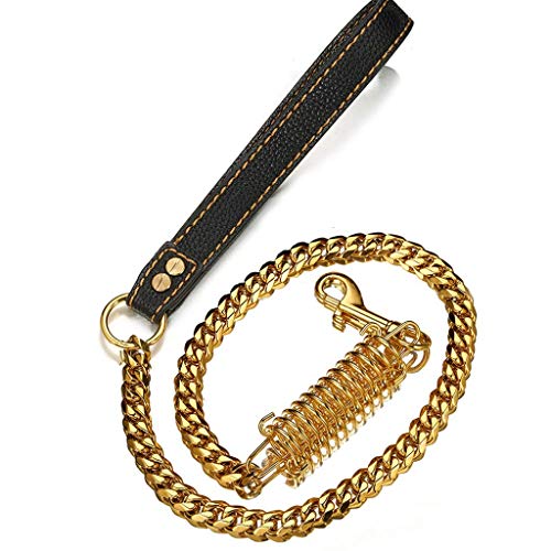 YXYOL La Correa del Perro de Metal con cómodo Cuero de la manija de Acero Inoxidable del Oro Cadena de frío para la Correa Pequeño Mediano Perros Grandes, Pet Supplies, 98X1.5 Cm