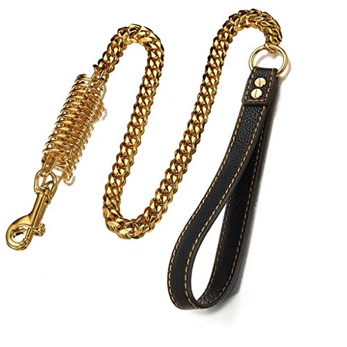 YXYOL La Correa del Perro de Metal con cómodo Cuero de la manija de Acero Inoxidable del Oro Cadena de frío para la Correa Pequeño Mediano Perros Grandes, Pet Supplies, 98X1.5 Cm