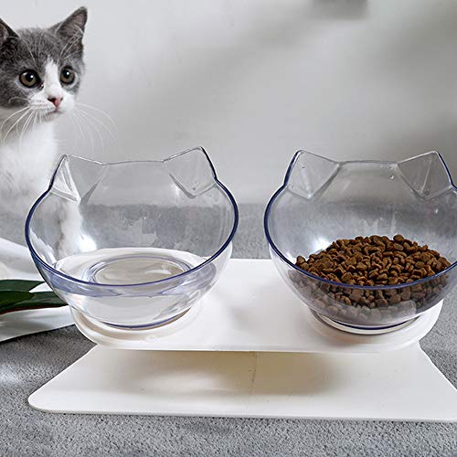 ZoneYan Cuenco para Mascotas Transparente, Comederos para Gatos con Soporte, Tazón de Gato Ortopédico, Plataforma Inclinada de 15°Alimentador para Gatos, Antideslizante y Antiderrame (Cuenco Doble)