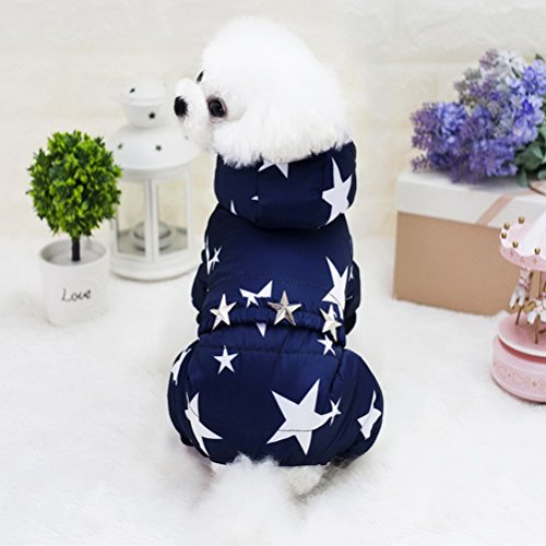 Zunea pequeño Perro Abrigo de Invierno Forro Polar con Capucha Mascota Traje de Nieve Pijamas Estrellas cinturón Perrito Gato Perro Ropa Chihuahua Trajes de Ropa Azul S