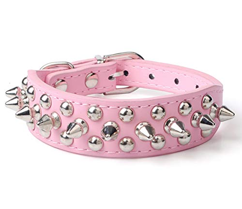 1 collar de perro de PU rosa con remache ajustable para cachorros collares personalizados, collar de decoración para perros, tamaño pequeño, mediano