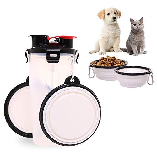 2-en-1 Perro Botella de agua Dispensador de alimentos con 2 plegables Cuencos para perros, Prueba de fugas Comedero para perros, Gato y cachorro Al aire libre De Viaje Caminar Caminata Acampar, Blanco