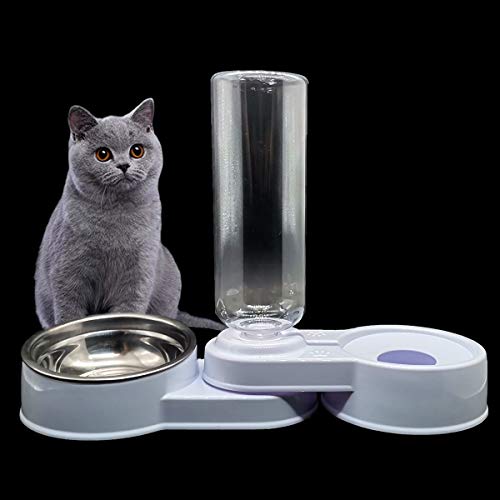 2 in 1 Comedero y Bebedero Automático para Gatos y Perros，Dispensador de Agua Pequeño, Comedero de Perros para Ralentizar la Comida, Gato Comedero De Agua para Mascotas, (Blanco y Azul) (Blanco)