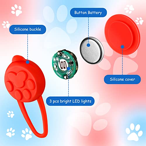 2 Luces Brillar para Collar de Perro Luces de 3 Modos de Silicona de Gato para Caminar de Noche Luz LED Impermeable de Clip en Correa y Collar Collar de Seguridad Ligero con Batería (Rojo)