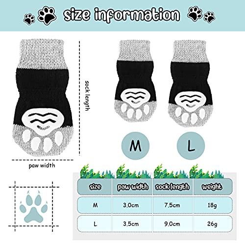 2 Pares Calcetines Antideslizantes de Perros Calcetines Suaves de Cachorros Calcetines Protectores Antideslizantes de Patas de Mascotas con Correas Patrones de Pata (Negro Gris, L)