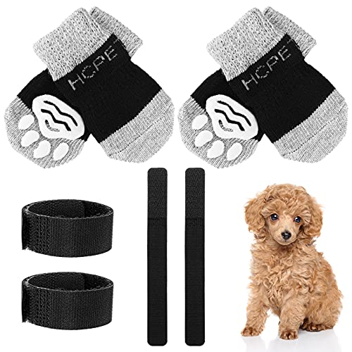 2 Pares Calcetines Antideslizantes de Perros Calcetines Suaves de Cachorros Calcetines Protectores Antideslizantes de Patas de Mascotas con Correas Patrones de Pata (Negro Gris, L)