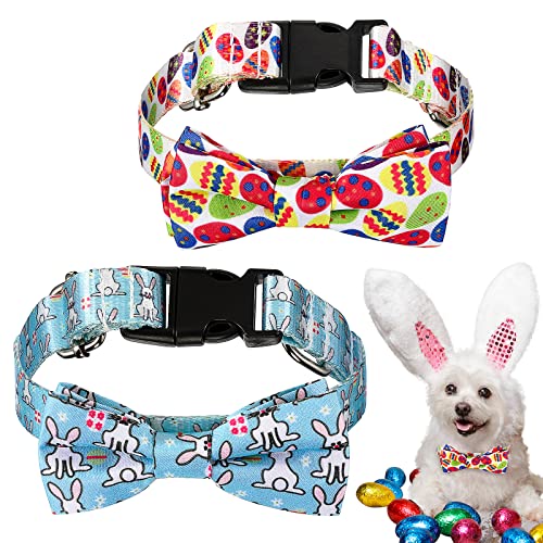 2 Piezas Collares para Perros con Pajarita Collar Ajustable de Gato de Pascua con Patrones de Huevo Conejo con Anillo en D y Hebilla de Seguridad para Cachorros Pequeños Medianos Grandes