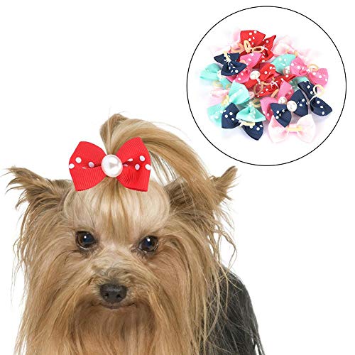 20 Unids / pack Mezcla de colores Lazos para el cabello del perro centro comercial Lazo del pelo del perro con fuertes bandas de goma y perlas de diamantes de imitación Yorkie Dog Puppy Teddy Topknot