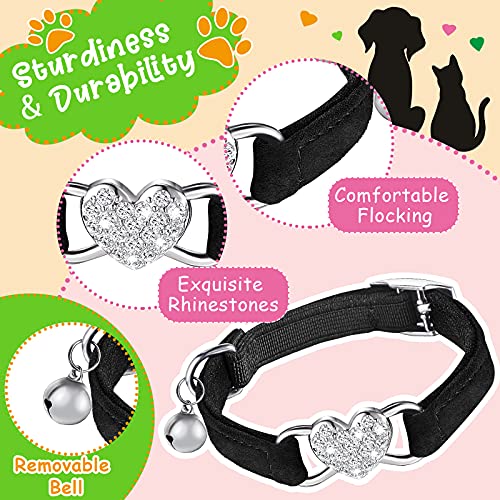 3 Collares de Gato con Campanas de Seguridad, Cuero Negro Clásico Básico, Cuero con Remaches, Diamantes de Imitación de Corazón, Longitud Ajustable de 7 a 10,6 Pulgadas para Mascota