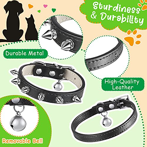 3 Collares de Gato con Campanas de Seguridad, Cuero Negro Clásico Básico, Cuero con Remaches, Diamantes de Imitación de Corazón, Longitud Ajustable de 7 a 10,6 Pulgadas para Mascota