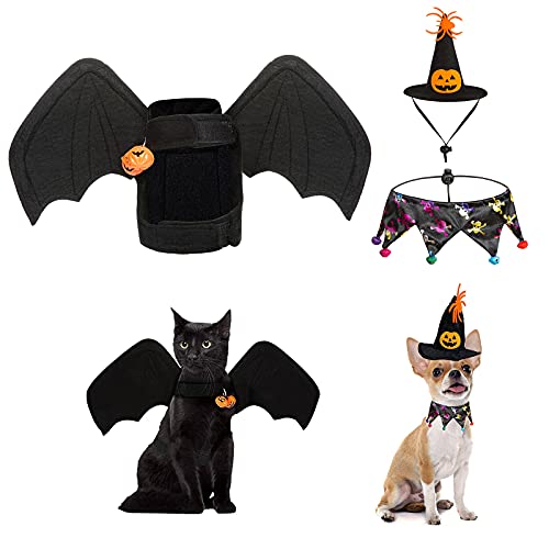 3 Pcs Disfraz para Gato de Halloween, Taumie Disfraz de murciélago para Halloween con 2 Pcs Campanas de Calabaza, Babero para Perros y Sombrero de Bruja, para Halloween Pets Party Ropa De Cosplay