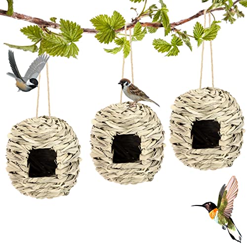 3 Piezas de Nidos de Pájaros,Casas para pájaros para jardín, Nido de colibrí Tejido a Mano Natural, pajarera Exterior para pájaros, Bolsas Colgantes para pájaros,Caja para Nido de petirrojo 15 cm