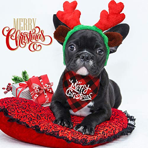 4 Gorros de Perro de Papá Noel de Navidad 3D Ajustable, Pañuelo Triángulo de Mascotas a Cuadros de Búfalo Clásico de Navidad, Diadema de Cuernos de Reno Navideño con Orejas Accesorios Disfraz