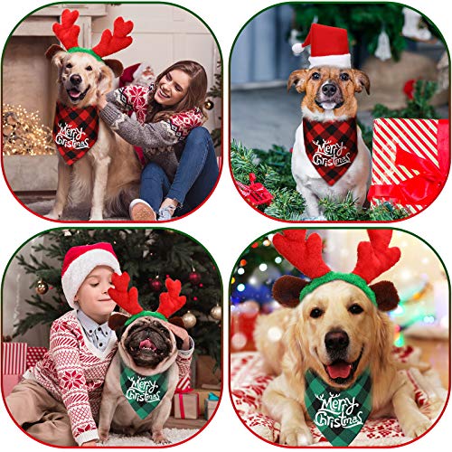 4 Gorros de Perro de Papá Noel de Navidad 3D Ajustable, Pañuelo Triángulo de Mascotas a Cuadros de Búfalo Clásico de Navidad, Diadema de Cuernos de Reno Navideño con Orejas Accesorios Disfraz