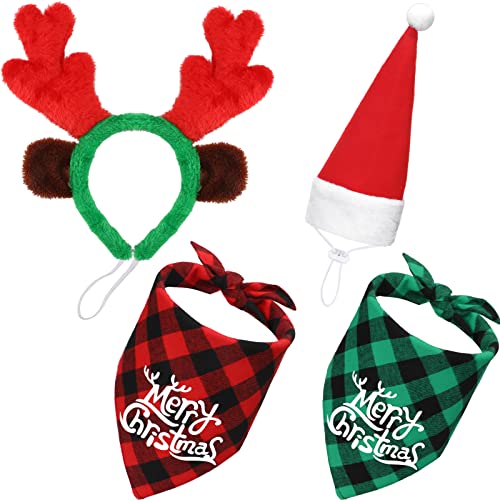 4 Gorros de Perro de Papá Noel de Navidad 3D Ajustable, Pañuelo Triángulo de Mascotas a Cuadros de Búfalo Clásico de Navidad, Diadema de Cuernos de Reno Navideño con Orejas Accesorios Disfraz