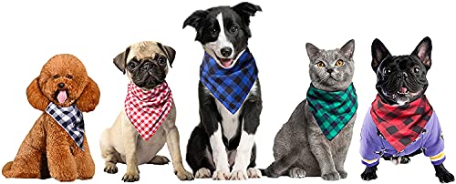 5 bandanas de perro para fiesta de cumpleaños, lavable, negro, verde, azul, rojo, amarillo, blanco, cuadrado, impresión a cuadros, babero doble reversible, 100% algodón