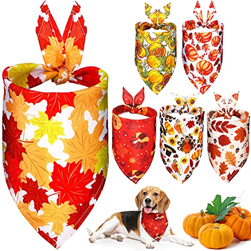 6 Bandanas de Perro de Acción de Gracias Pañuelo Triángulo de Perro de Calabaza, Pavo, Hojas de Arce, Otoño Pañuelo Babero Ajustable de Mascotas para Accesorios de Acción de Gracias