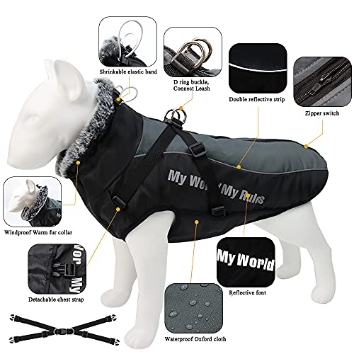 Abrigo para Perro Impermeable Chaqueta Abrigadora de Invierno Mediano Grande Chaleco para Perros Resistente al Viento Traje de esquí Capa de Mascotas con Tiras Reflectantes Seguras & Arnés Ajustable