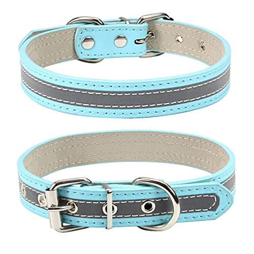 ABRRLO Collares de cuero para perros pequeños, medianos y grandes, niños y niñas, reflectantes, ajustables, para mascotas (azul, XL)