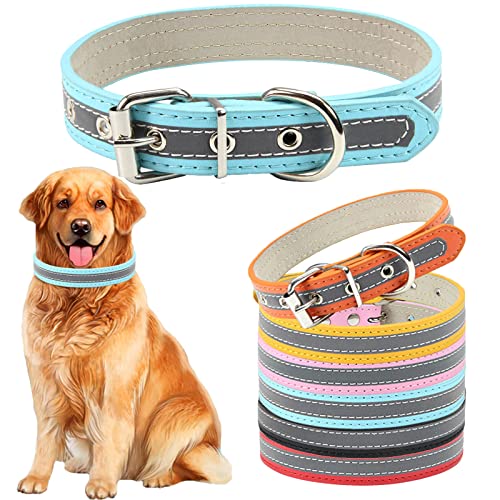 ABRRLO Collares de cuero para perros pequeños, medianos y grandes, niños y niñas, reflectantes, ajustables, para mascotas (azul, XL)