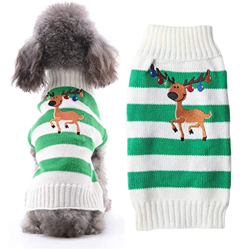 ABRRLO Jersey de Navidad para perro, suéter de Navidad para mascotas, lindo reno a rayas, regalo de año nuevo, para cachorros, gatos, medianos y grandes (renos de rayas blancas verdes, XL)