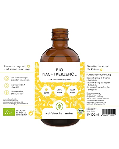 Aceite de onagra orgánico para gatos [100 ml] de cultivo ecológico controlado para el cuidado natural de la piel y el pelaje para mascotas, DE-ÖKO-060, botella con cuentagotas de 100 ml