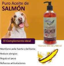 Aceite de Salmón Noruego para Perros y Gatos con Omega 3. Previene Trastornos de Crecimiento, Reacciones Alérgicas o Metabólicas. Estimula Apetito y el Crecimiento de un Pelo Suave y Brillante 500ml