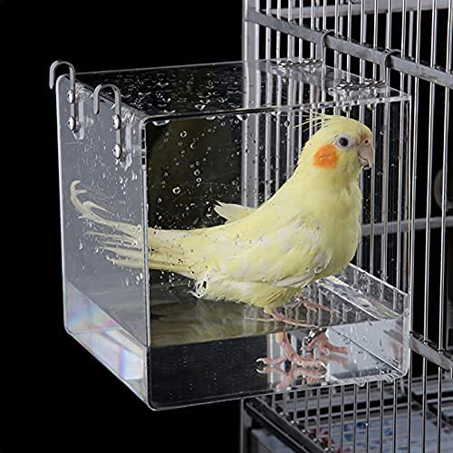 Aceshop Bañera de Pájaros Colgante Para Bañera De Pájaros Caja de Baño de Acrílico Transparente Accesorio para Jaula de Pájaros con Ganchos para Novias Medianas y Grandes para Canario Loro 16x16x16cm